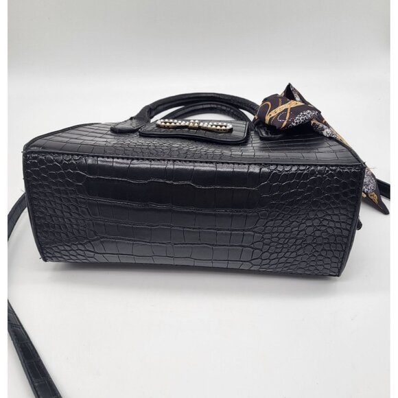 Betsey Johnson Black Satchel Crocodile Print Handbag Purse w/ Scarf Two Handle - Picture 8 of 11